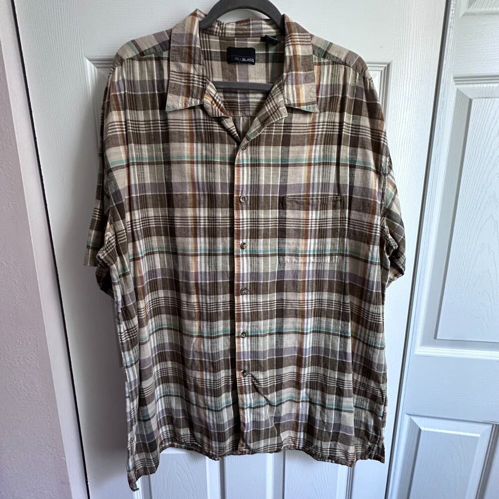 VTG Bill Blass Mens XL Brown Beige Plaid Linen Blend Short Sleeve Camp Shirt